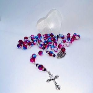 Pink blue watercolor amethyst silver plated rosary